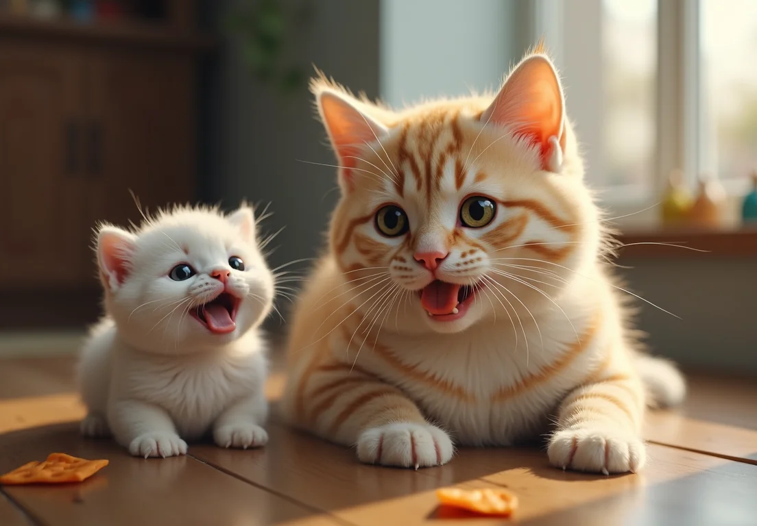 Cute cat with a small white kitten, both smiling.