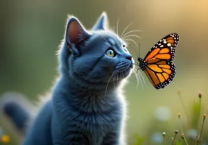 A gray cat with a butterfly on its nose, with a sunlit background.