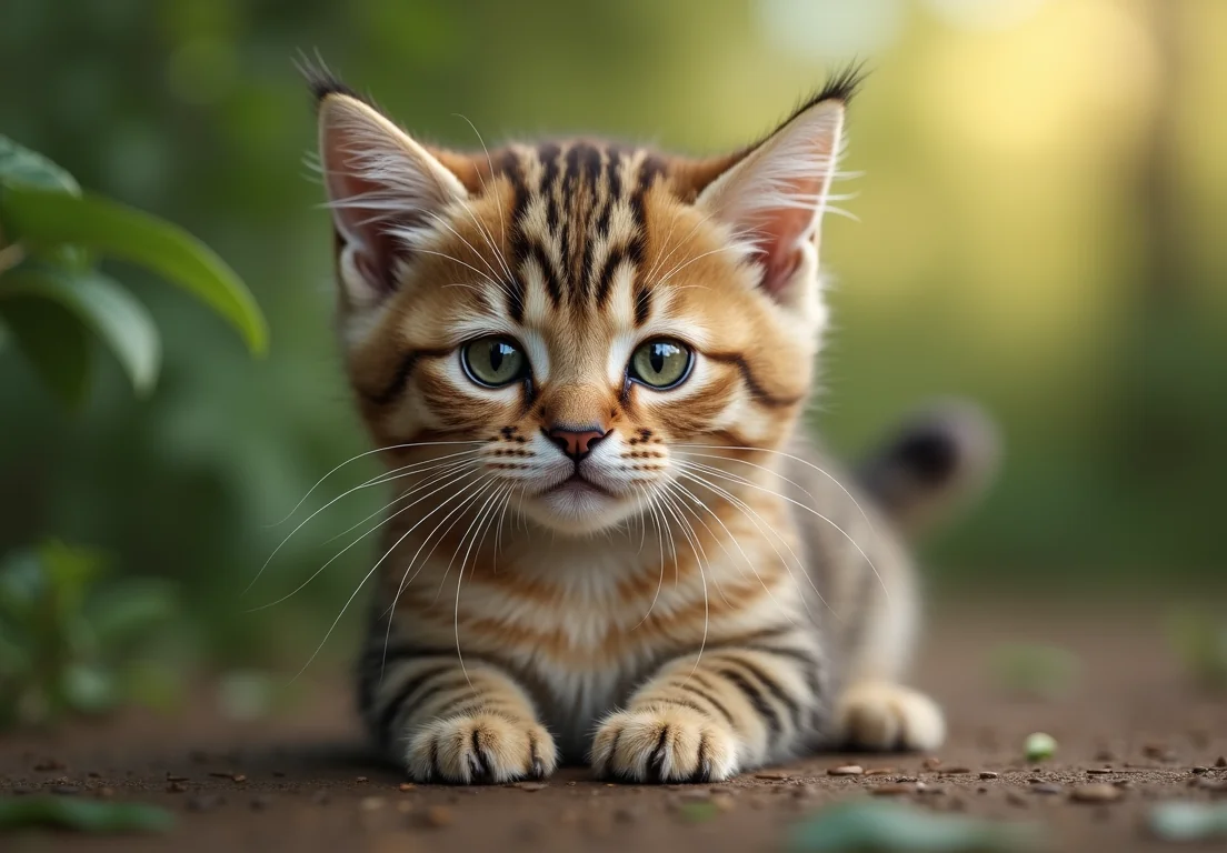 A brown and black cat with blue eyes is looking forward.