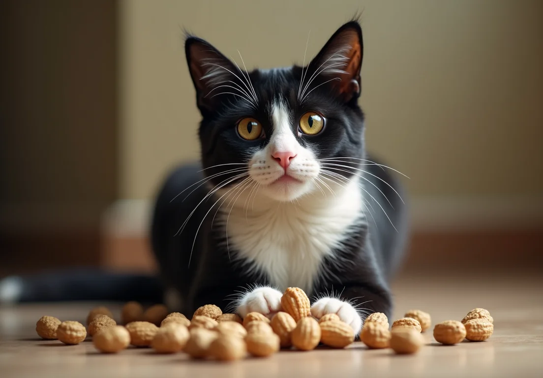 A black and white cat is lying on the floor with peanuts scattered around.