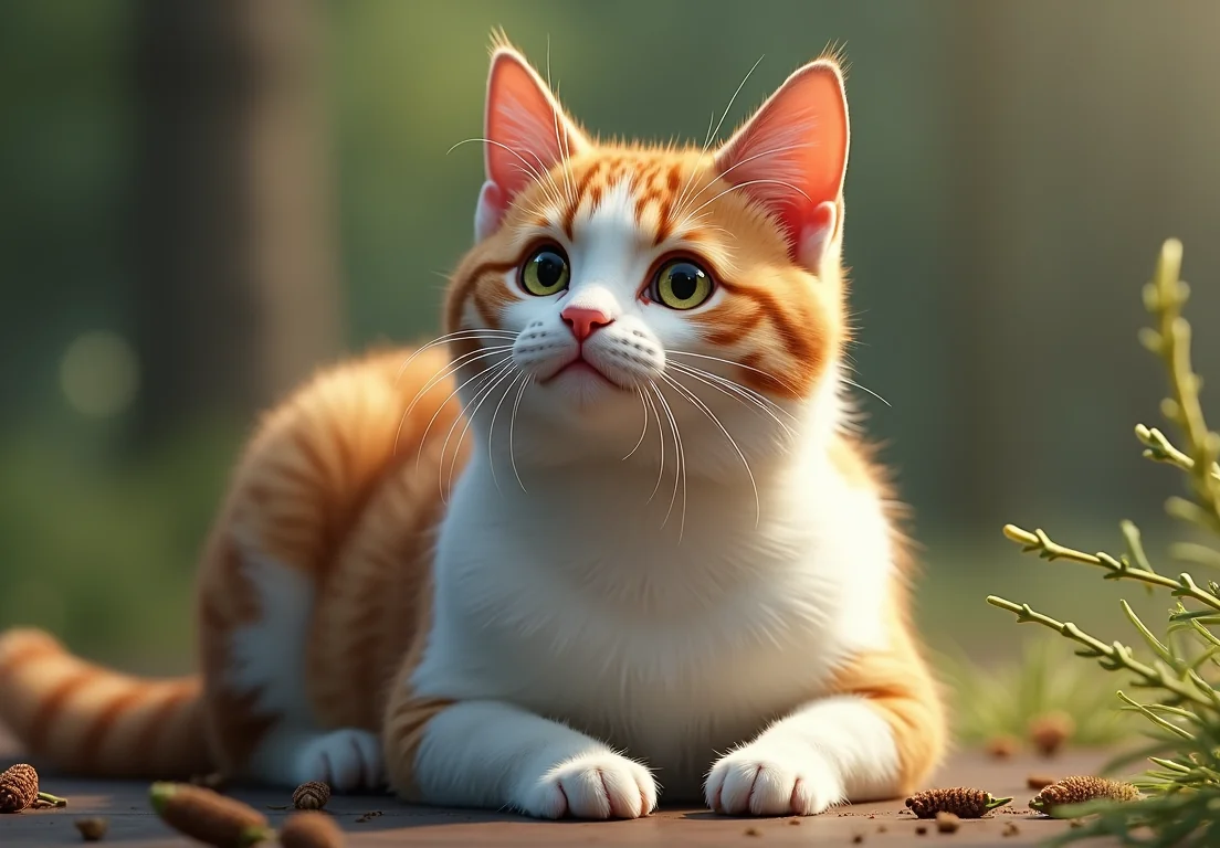 photo of a cute cat with big eyes. The cat is orange and white and has long whiskers.