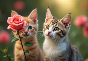 two kittens sitting next to a rose.