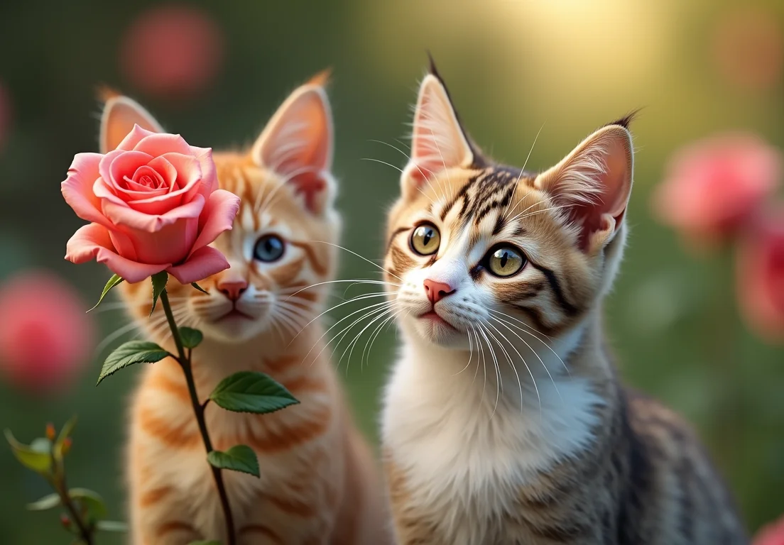 two kittens sitting next to a rose.