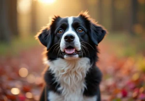 picture of a black and white dog with a golden background.