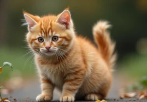 A cute orange kitten walking on the road.