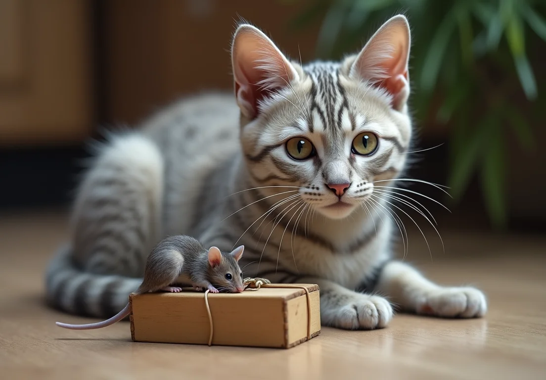 A cat playing with a mouse in a cardboard box.