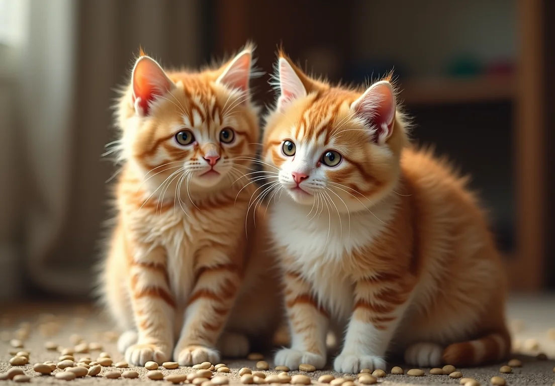 Two orange kittens sit on the floor with their eyes wide open.