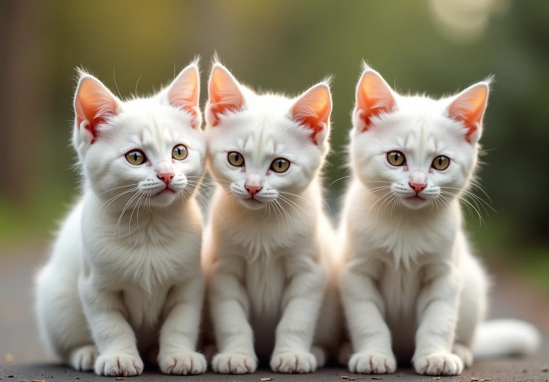 Three white kittens with yellow eyes sitting on the ground.