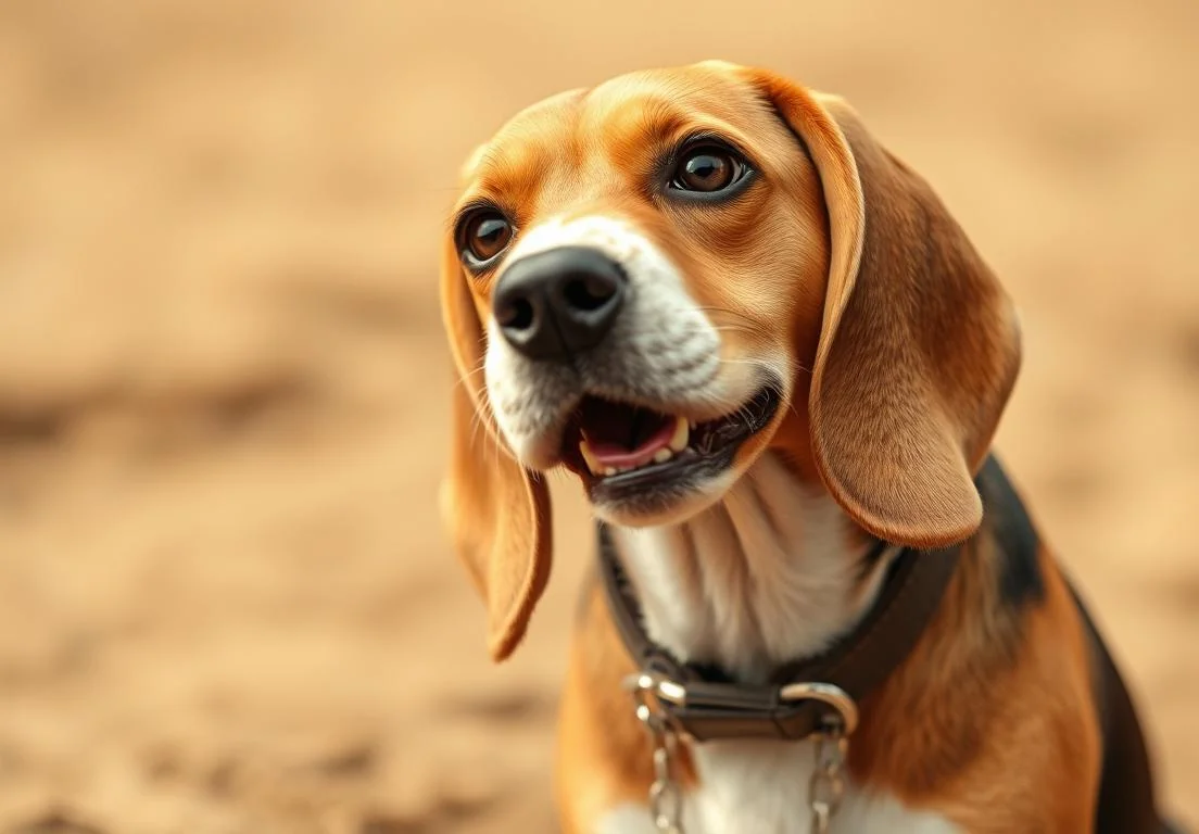 a beagle dog looking up at the camera with its mouth open and tongue out