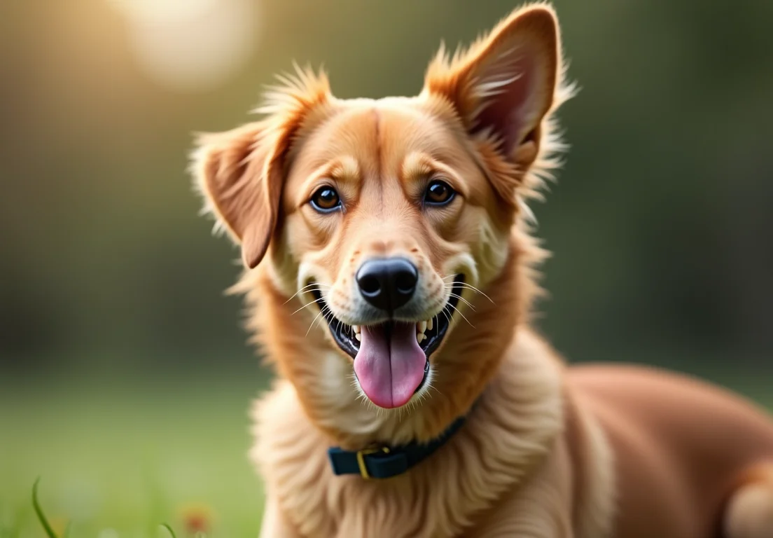 A dog with its tongue out, looking at the camera with a green background.