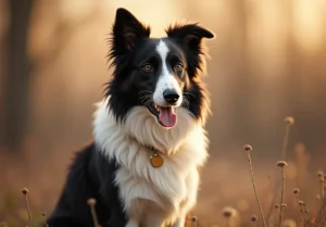 A black and white border collie dog with a gold collar and tag sits in a field of dried flowers.