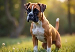 A Boxer puppy is standing in the grass. The puppy is brown and white and has black eyes.