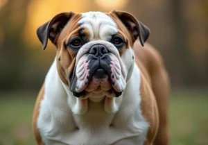 a brown and white dog standing on top of a grass covered field with trees in the background