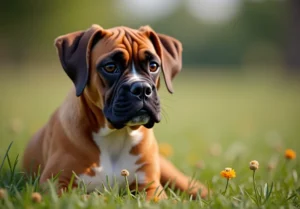 Boxer puppy sitting in the grass looking into the camera.