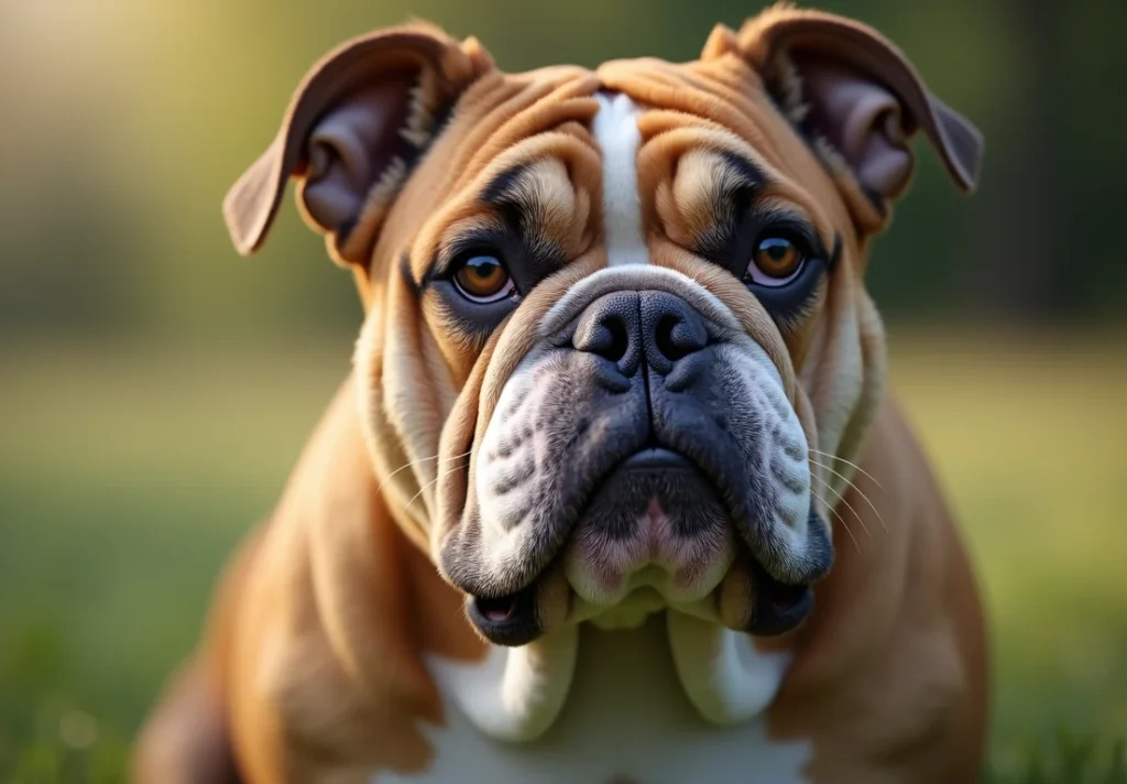 A close-up of a brown and white English Bulldog with large ears and a wrinkled face.