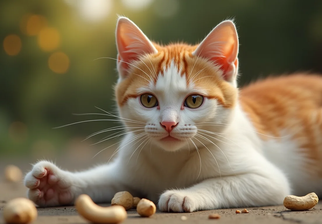 An orange and white cat laying on the ground next to peanuts.