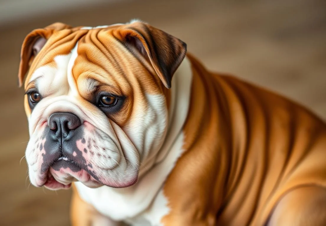 a brown and white bulldog sitting on a wooden floor with its tongue out