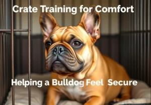 a french bulldog in a crate with the words crate training for comfort helping a bulldog feel secure