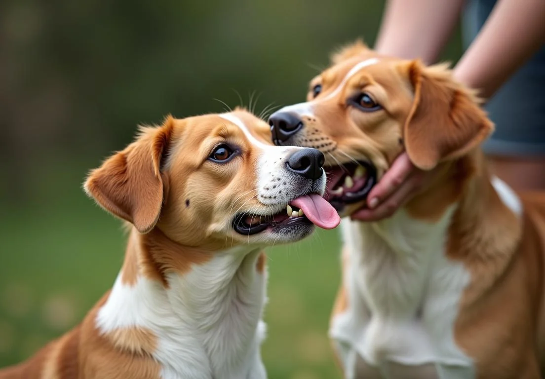 two brown and white dogs with their mouths open in the grass, one is looking up at the other dog