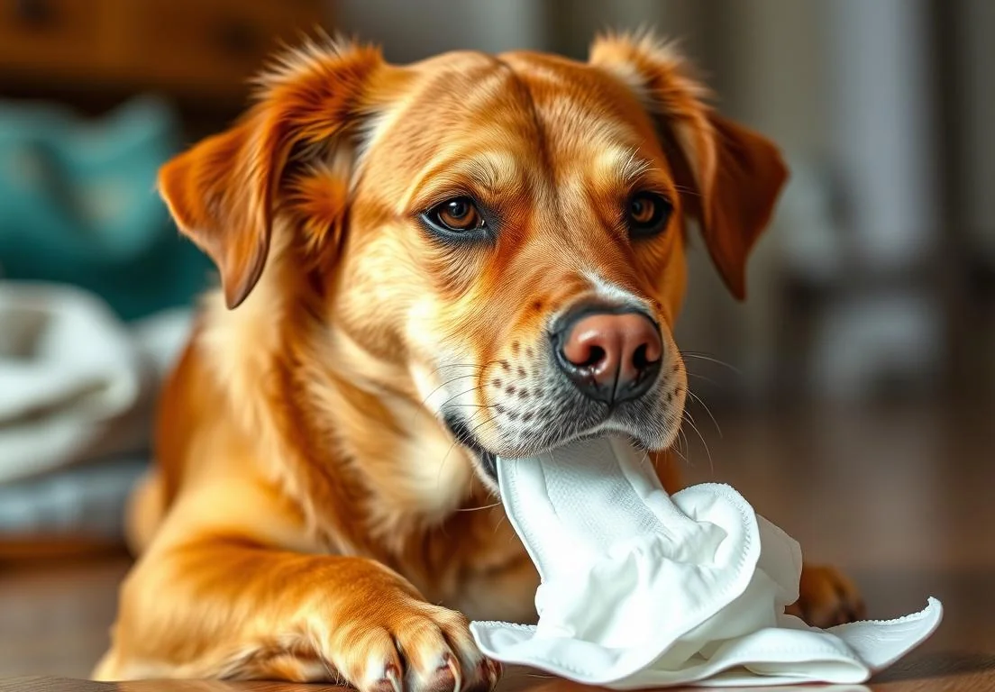 a dog with a tissue on its nose is sitting on the floor and looking at the camera