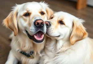 two white dogs are sitting on the floor and one is looking at the camera
