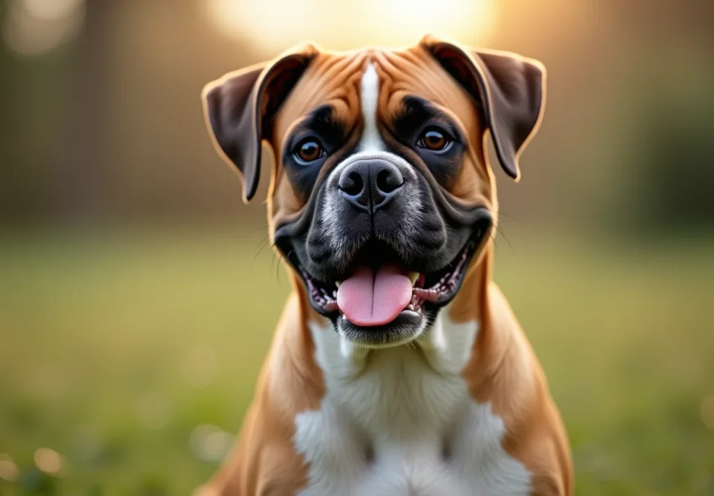 Boxer dog sitting on grass with sun in background.