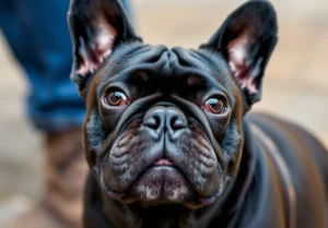 a small black dog with big ears looking up at the camera with a person in the background