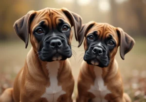 Two Boxer puppies with brown fur and white patches on their chest and chest.