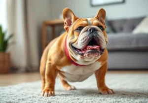 a small brown and white bulldog standing on a carpet with its mouth open