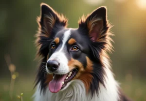 Border Collie dog with brown and black markings and white fur, long ears, and a long tail.
