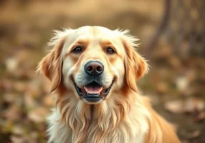 a golden retrieve dog with its mouth open in the fall leaves stock photo