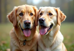 two golden retrievers, one with its tongue out and one with its tongue in its mouth.