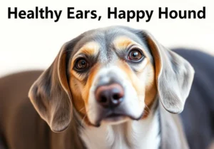 a beagle dog looking up at the camera with the words healthy ears, happy hound