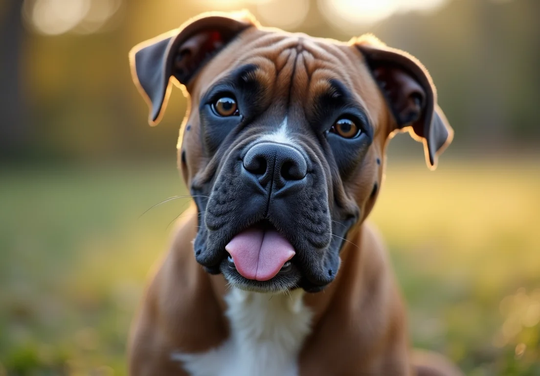 Boxer dog with tongue out and sitting in the grass with sun shining in the background.