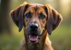 Close up of a brown dog's face. The dog is smiling and looking at the camera. The background is blurred.