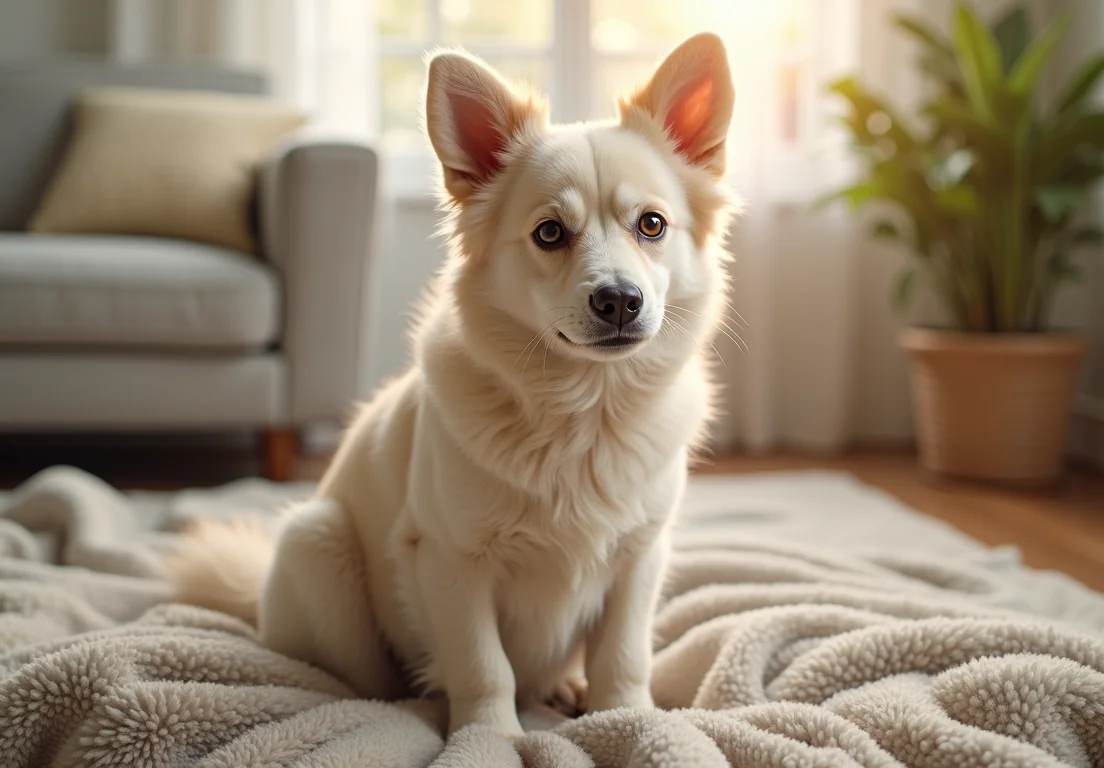 a white dog sitting on the bed