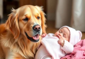 a baby and a dog laying next to each other dogs on the floor