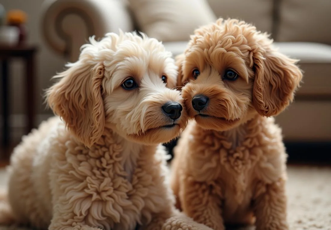 two small poodle dogs sitting on the floor next to each other