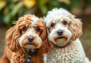 two small dogs sitting next to each other dogs looking up at the camera