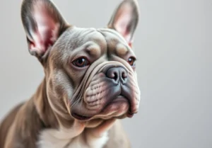 a french bulldog puppy looking up at the camera with its ears open and eyes closed