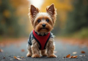 a small dog with a red banda on it's neck sitting in the middle of a road