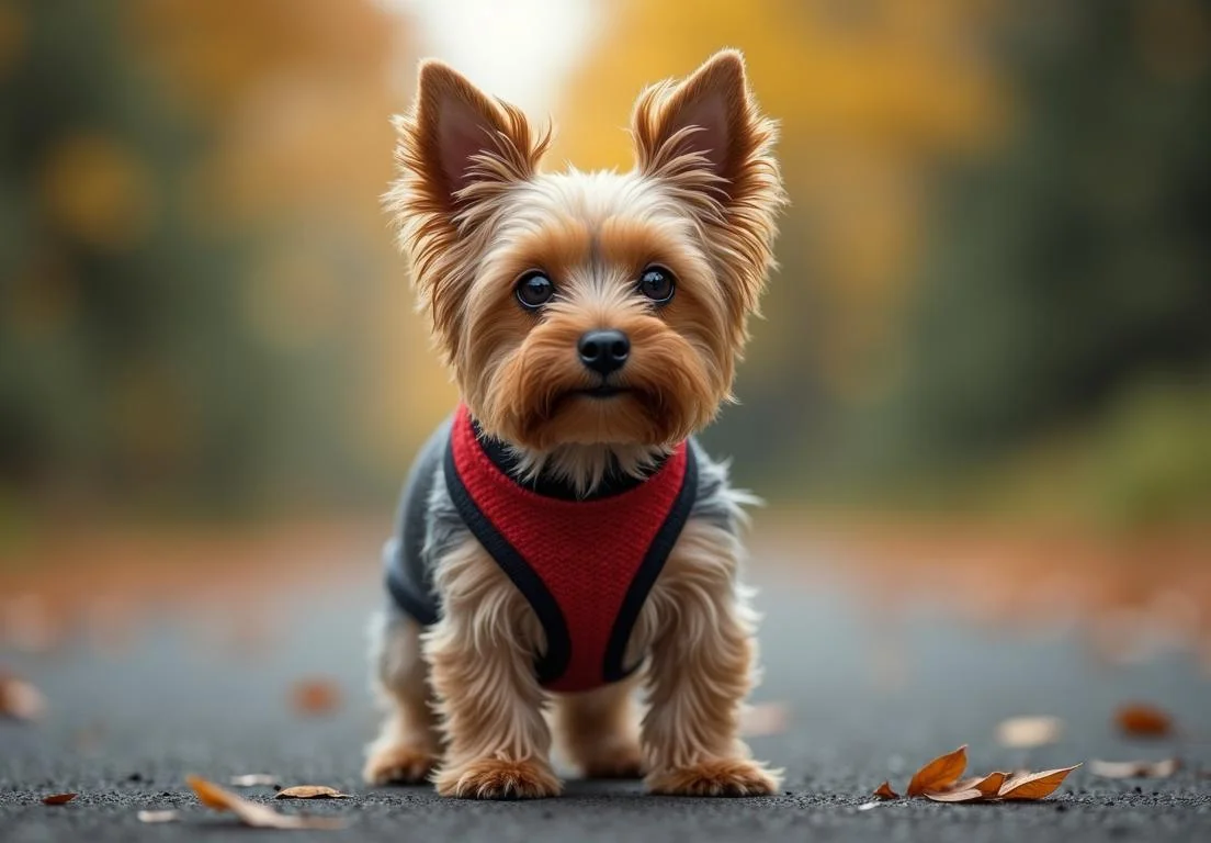 a small dog with a red banda on it's neck sitting in the middle of a road