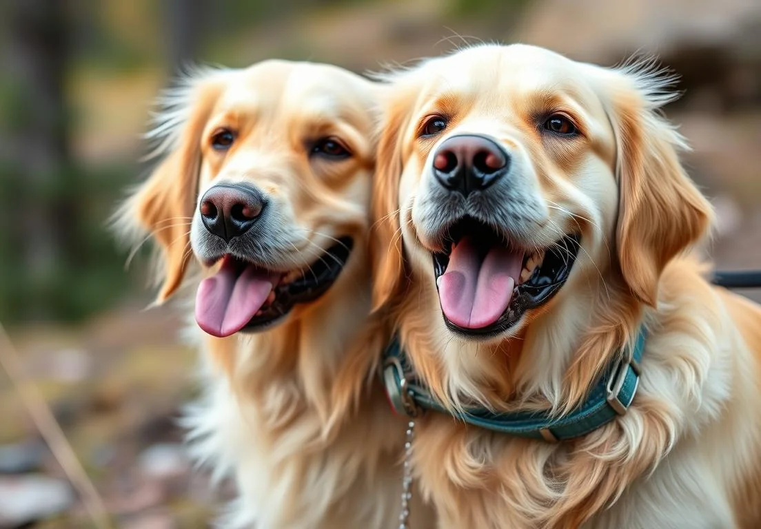 two golden retrieves in the woods with their mouths open and their mouths open