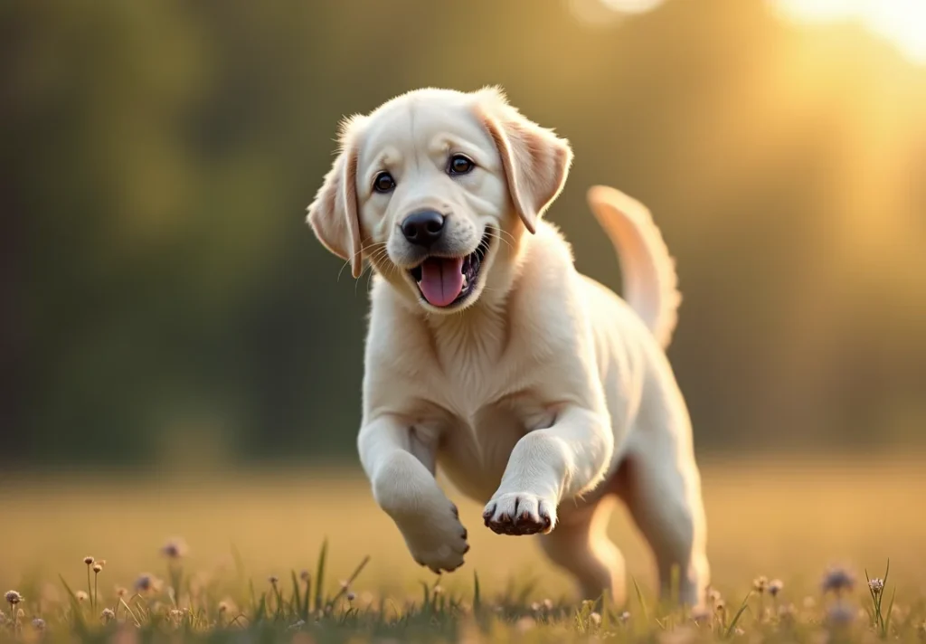 A golden retriever puppy running in a field with the sun shining on it.