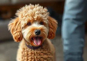 a brown poodle looking forward with its tongue out