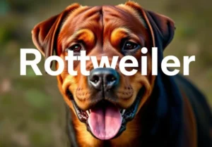 a rottweiler dog stading in the field facing the camera with its mouth open