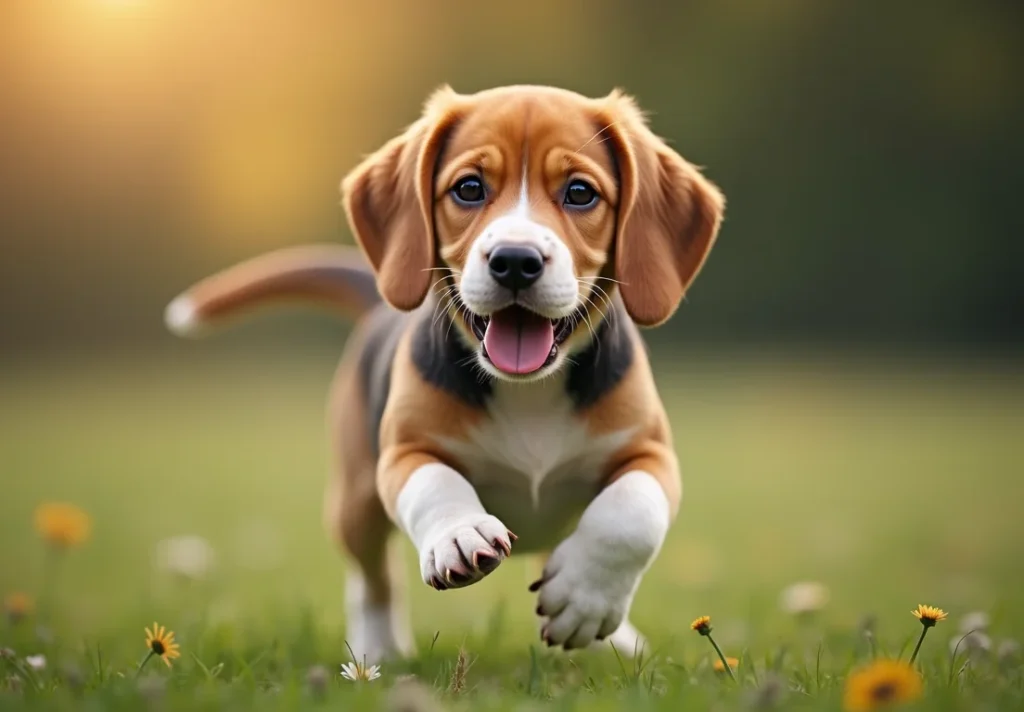 Beagle puppy running on grass field with flowers.