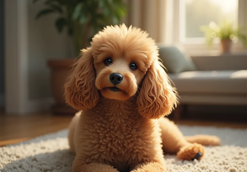 Close-up of a brown poodle lying on a rug in a living room.