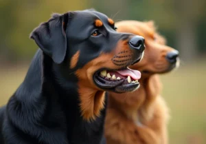 a black rotweiller dog and brown dog with its tongue out looking up at the camera