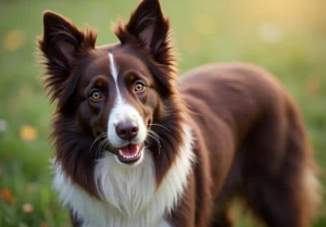 A brown and white Border Collie with ears perked and standing in a field of grass.